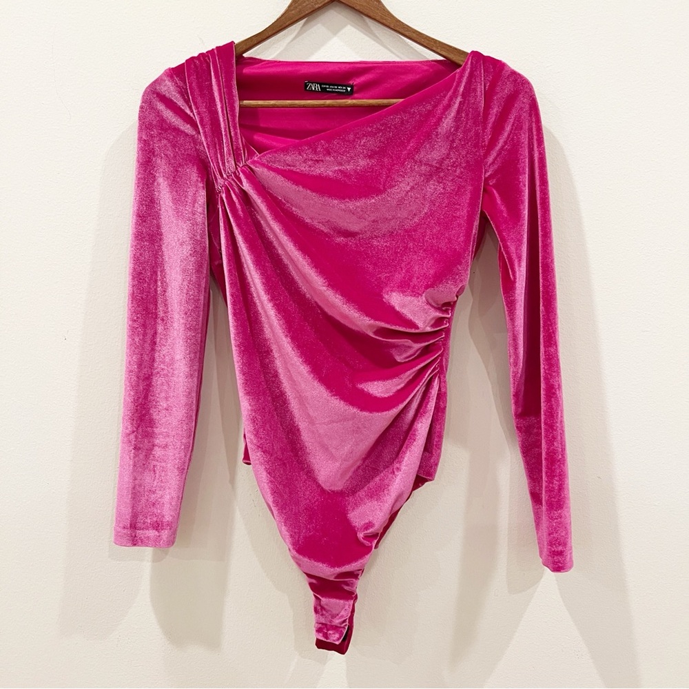 Zara Bodysuit Womens Extra Small Pink Velvet Long Sleeve Asymmetrical Blogger